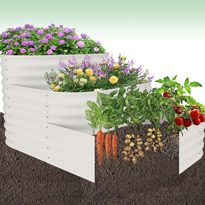IDEALHOUSE Triple-Layer Galvanized Raised Garden Bed, 61x42x31 Inch Outdoor Modular Planter Box for Vegetables, Herbs & Flowers, 3-in-1 Open-Base Design for Deep Root Growth, White