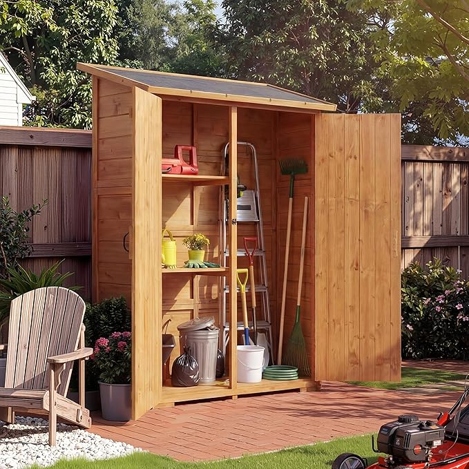Wooden Outdoor Storage Cabinet with 2 Shelves & Lockable Doors - Waterproof Garden Tool Shed with Floor for Patio, Backyard, Deck, Lawn Organization & Large Storage Space