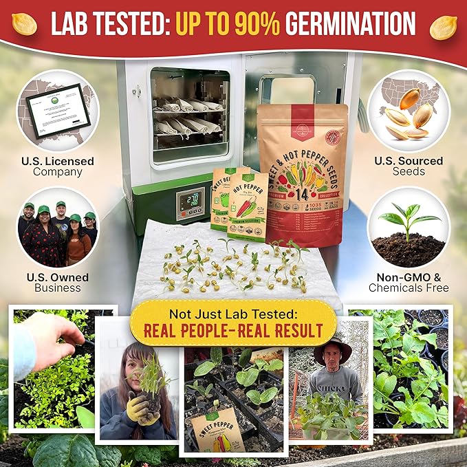 Organo Republic 14 Sweet & Hot Peppers Seeds Variety Pack - 1,030+ Non-GMO Heirloom Pepper Seeds for Outdoor and Indoor Home Gardening, Including Pepper Cayenne, Habanero, Jalapeno, Poblano, Serrano