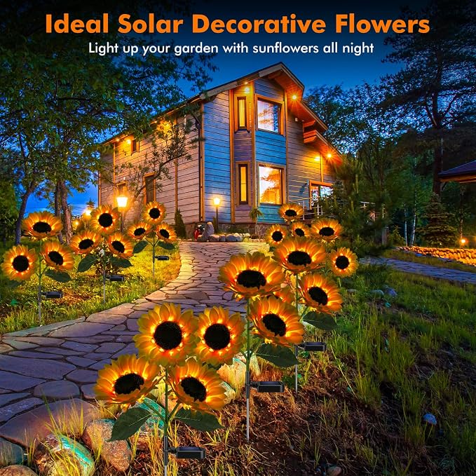 Solar Sunflower Lights Flowers Outdoor Waterproof for Yard Garden Cemetery | 800mA Real Looking Stake Flower Bed Pathway Patio Porch Fall Decors