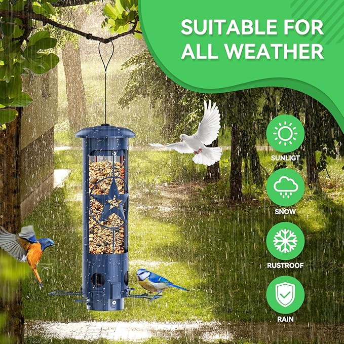Squirrel Proof Bird Feeders for Outdoors with Weight-Activated, 3LB Large Metal Wild Bird Feeders for Cardinals,Blue Jay,Finch, Weatherproof Durable Tube Hanging Bird Feeder for Backyard,Garden,Patio