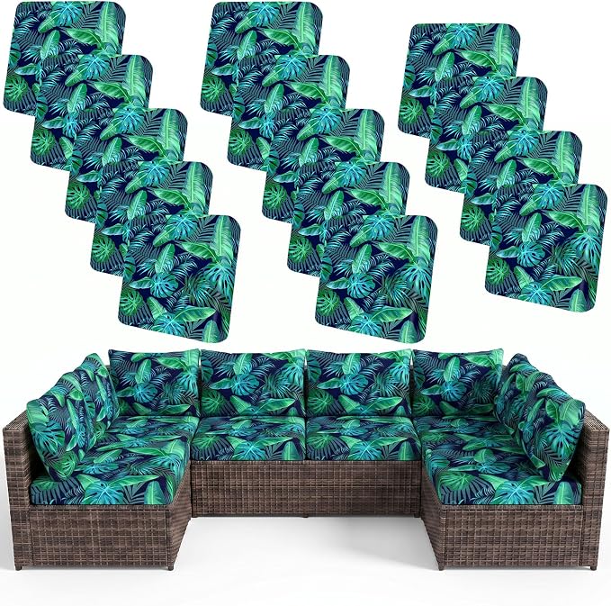 pickyNproud 14Pcs Patio Cushion Covers Stretch Outdoor Couch Cushions Slipcovers Replacement Washable Furniture Protector with Elastic Bottom Sofa Chair Seat Cover, Palm Leaves