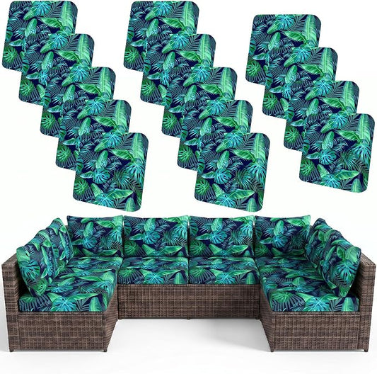 pickyNproud 14Pcs Patio Cushion Covers Stretch Outdoor Couch Cushions Slipcovers Replacement Washable Furniture Protector with Elastic Bottom Sofa Chair Seat Cover, Palm Leaves
