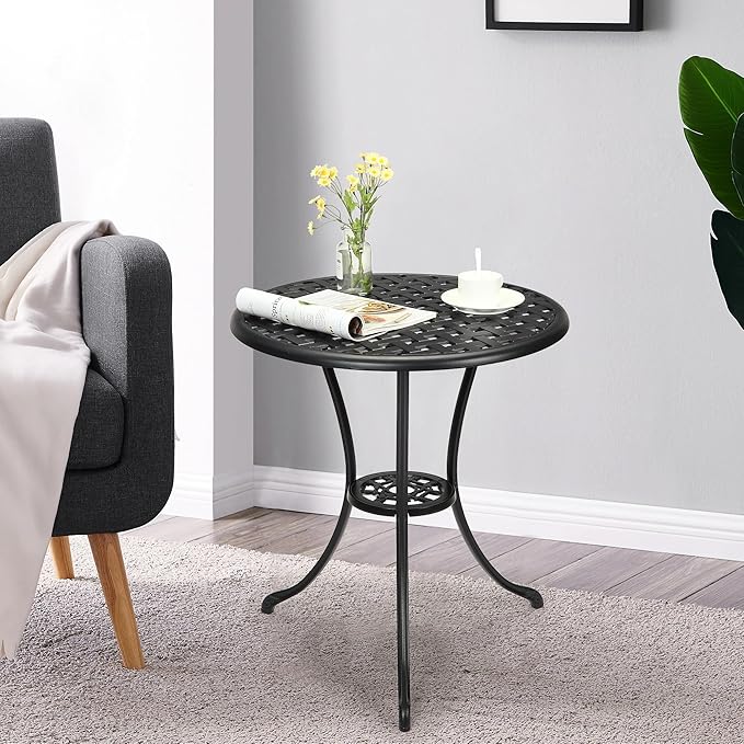 GarveeHome Patio Bistro Table, 24" Round Outdoor Coffee Table with 2" Umbrella Hole, Outdoor Cast Aluminum Bistro Table Side Table with Iron Frame for Balcony Backyard Lawn and Garden, Classic Black