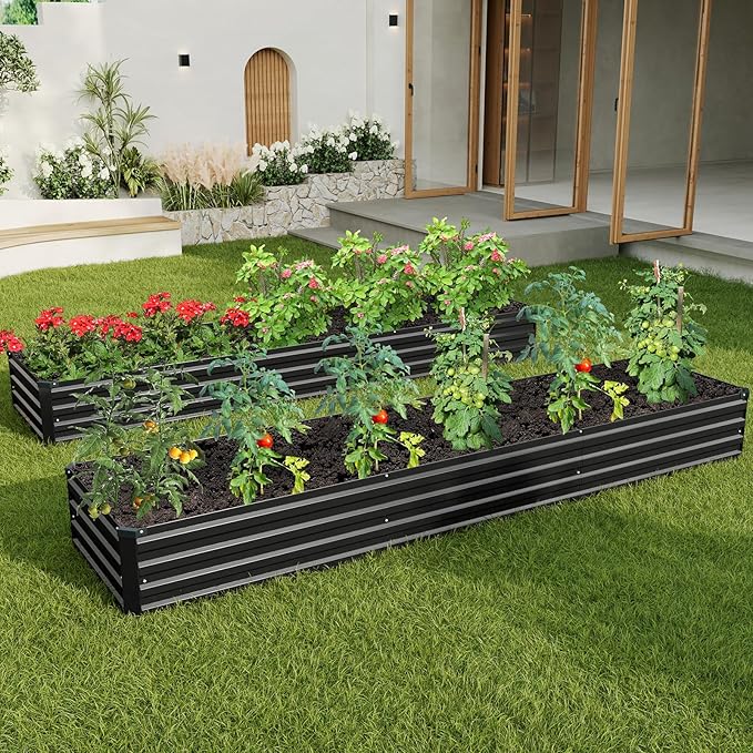 12×2×1FT(2PCS) Galvanized Raised Garden Bed Kit Metal Planter Boxes,Large Outdoor Planters Garden for Planting Vegetables,Flowers,Herbs -Black