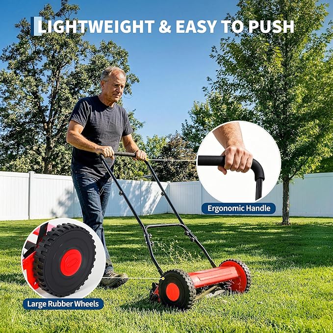 GarveeHome Quiet Eco-Friendly Hand Push Reel Lawn Mower – 16-Inch, 5-Blade, Adjustable Cutting Height, Lightweight & Compact, Easy Assembly, Ideal for Small to Medium Yards – Red | 16 inches