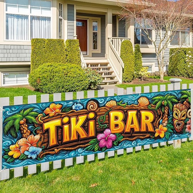 10x3 ft Extra Large Summer Tiki Bar Banner Outdoor 115''x35'' Summer Tropical Banner for Fence Outside Garden Large Flower Banners Yard