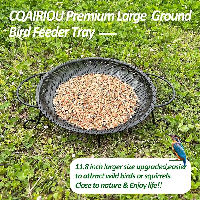 CQAIRIOU Upgraded Ground Platform Bird Feeder Tray,11.8” Stainless Steel Large Bird Feeder Mesh Seed Tray with A Exquisite Tray Station,Attract Wild Birds,Great Decoration for Garden Backyard
