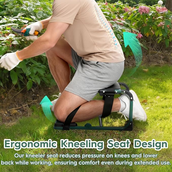 Garden Kneeler and Seat, Ergonomic 2-in-1 Foldable Knee Seat, Gardening Stool with Soft Adjustable Kneeling Pad, Gardening Gifts for Women Mom Men Seniors