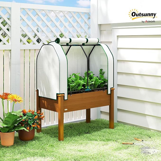 Outsunny Raised Garden Bed with PE Greenhouse Cover Outdoor Elevated Wood Planter Box for Herbs and Vegetables, Use for Patio, Backyard, Balcony, 35 x 22 x 47 inch, Brown