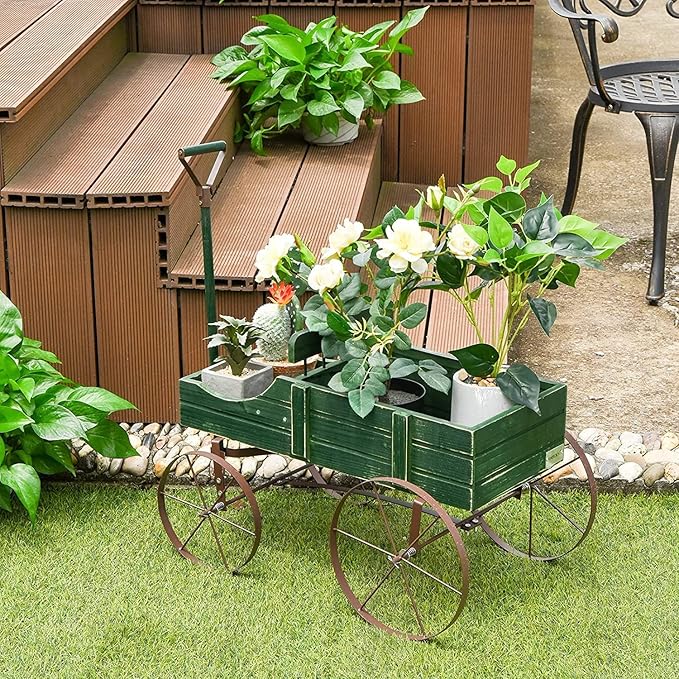 DORTALA Wood Wagon Planter, Outdoor Garden Flower Planter Cart with Wheels, Small Decorative Wood Raised Bed Plant Pot Box Stand for Backyard, Patio, Balcony, Green