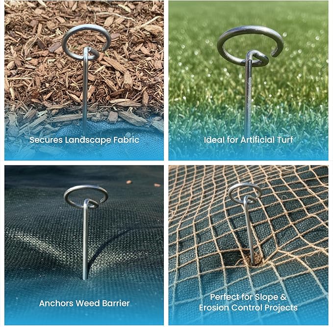 Super Geotextile Round Top Landscape Pins – 11 Gauge Heavy Duty 6 Inch Galvanized Steel Stakes for Landscape Fabric and Weed Barrier, 100 Pack