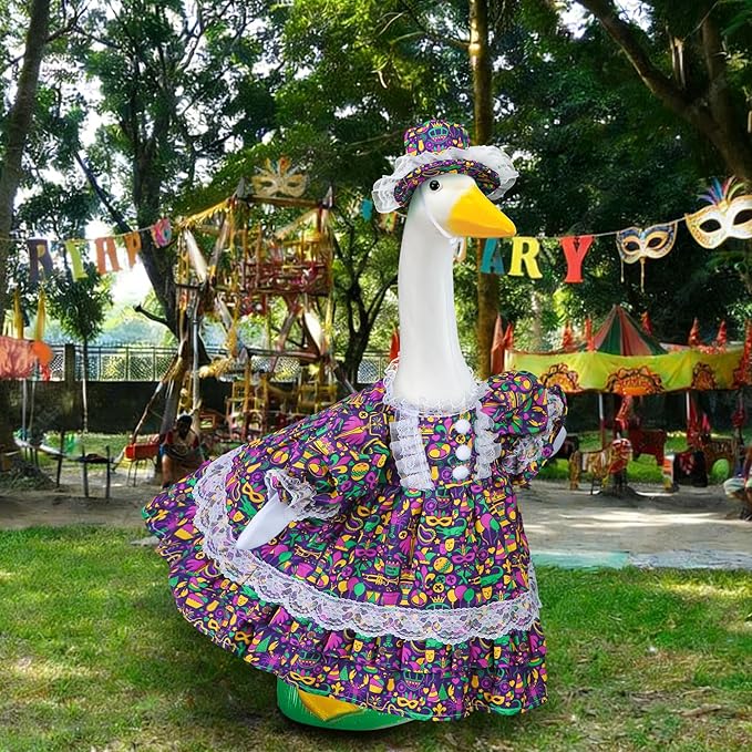 Mardi Gras Goose Outfits for Porch Goose 23" Cement Statue Clothing - Carnival Funny Outdoor Decoration for Patio Yard Lawn