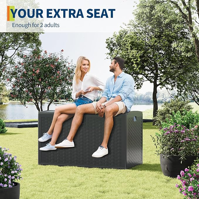 120 Gallon Waterproof Outdoor Storage Box - Lockable Deck Box for Patio Furniture, Cushions, and Garden Tools, All-Weather Resin with Black Rattan Finish, Grey