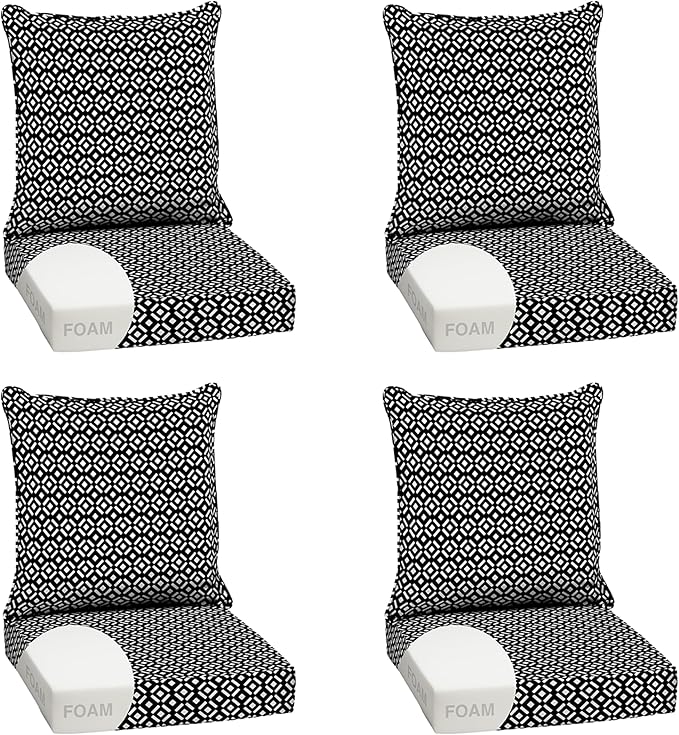 Arden Outdoor Foam Deep Seat Cushion Set (4-Pack), 24x24, Premium High-Density Foam, Never Flattens, Weather-Proof for Patio Chair Sofa Couch, Black Demi Tile