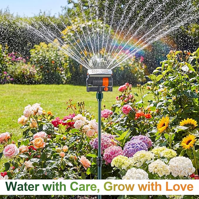Oscillating Sprinkler with Adjustable Aluminum Riser, 4 Way Lawn Sprinklers for Yard and Garden, 16 Nozzles, Cover up to 4.069 sq. ft Ideal for Watering Different Heights (Spike)