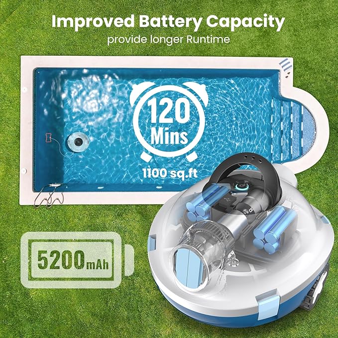 Y10 Cordless Robotic Pool Cleaner, Automatic Pool Vacuum - 120 Mins Runtime, Powerful Suction, Self-Parking, Lightweight for Above/Inground Pools Up to 65ft/1100 Sq.Ft (White)