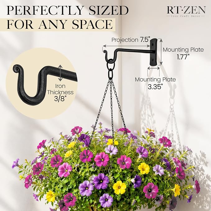 RTZEN Plant Hangers Outdoor or Indoor - Wrought Iron Metal Hanger Indoor Hook - Heavy Duty Wall Bracket Hooks for Hanging Plants Baskets Lanterns Bird Feeders - 2 Pack (Black Shepherds Hooks 7.5")
