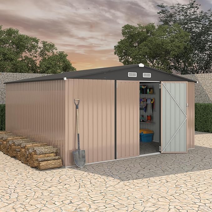 GarveeLife 12x12x6.4 ft Outdoor Storage Sheds, Metal Garden Tool Shed for Backyard, Large Metal Sheds Outdoor Storage With Lockable Doors & Air Vents for Backyard Garden Patio Lawn