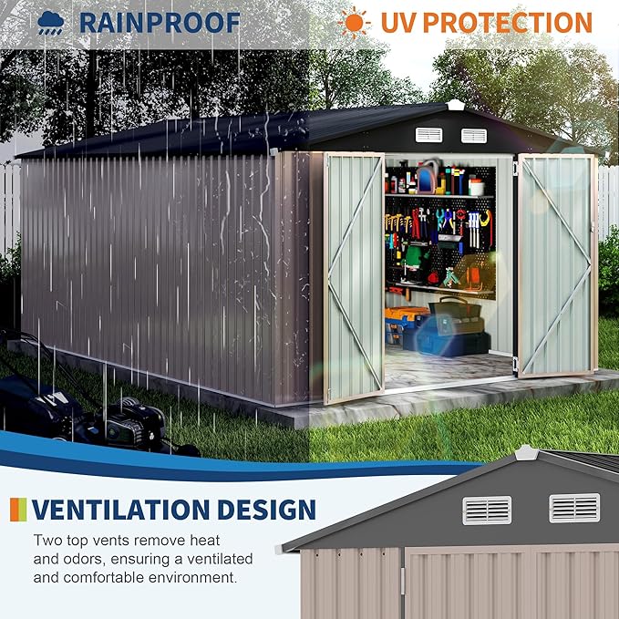 10X14 Ft Outdoor Metal Storage Building, Secure Lockable Door & Air Ventilation System, Premium Metal Tool Shed for Garden, Backyard, Patio, Ideal for Lawn Equipment & Tools