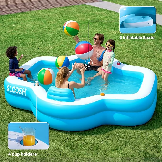 SLOOSH Inflatable Pool for Family with Seats, 120" x 101" x 26" Full-Sized Blow Up Durable Thickened Above Ground Pool with Backrest Cup Holders,Swimming Pools for Backyard Summer Water Lawn, Blue