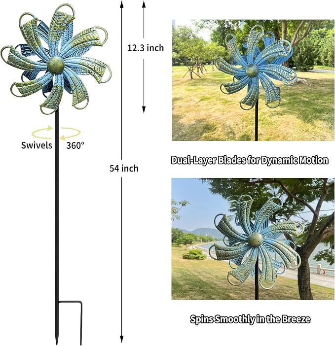 Wind Spinners Outdoor, Bronze Flower Double-Sided 360° Wind Spinner with Stake, Metal Garden Yard Decor (12.3" Dia x 54" H)