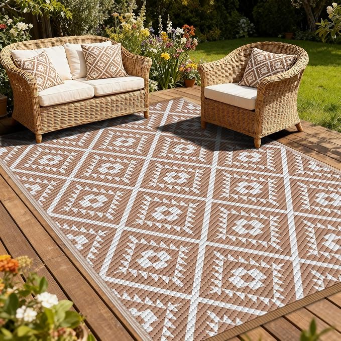 COOLTOP 9'x12’ Outdoor Rug for Patios Porches, Waterproof Plastic Camping Rugs, Modern Reversible Mat, Large Area Rugs for Backyard, Deck, RV, Balcony, Picnic, Beach, Khaki & White