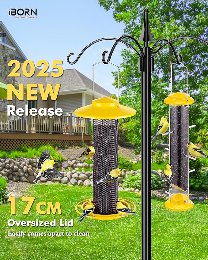 iBorn Finch Feeders for Outside,Thistle Bird Feeders for Outdoors Hanging,Nyjer Seed Feeder,Metal Mesh Tube Bird Feeder 13.5 Inch with 17cm Weatherproof Large Roof and Tray,2 LB Capacity,Yellow