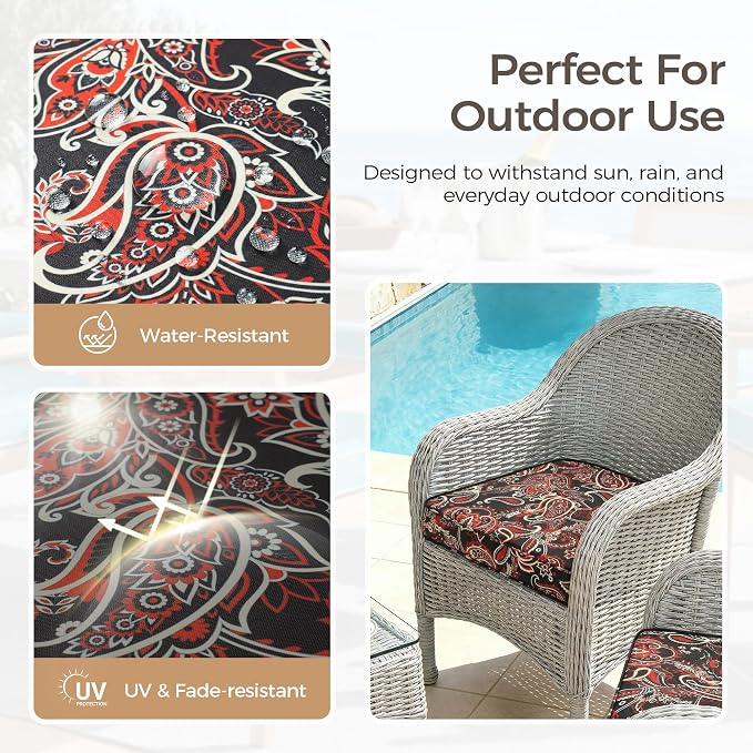 UNIKOME Outdoor Chair Cushions Set of 4, Water Resistant Patio Seat Cushions with Ties for Outdoor Furniture, High-Density Foam, UV & Fade Resistant, Piped Edge – 24" x 24" x 4", Red Paisley Floral