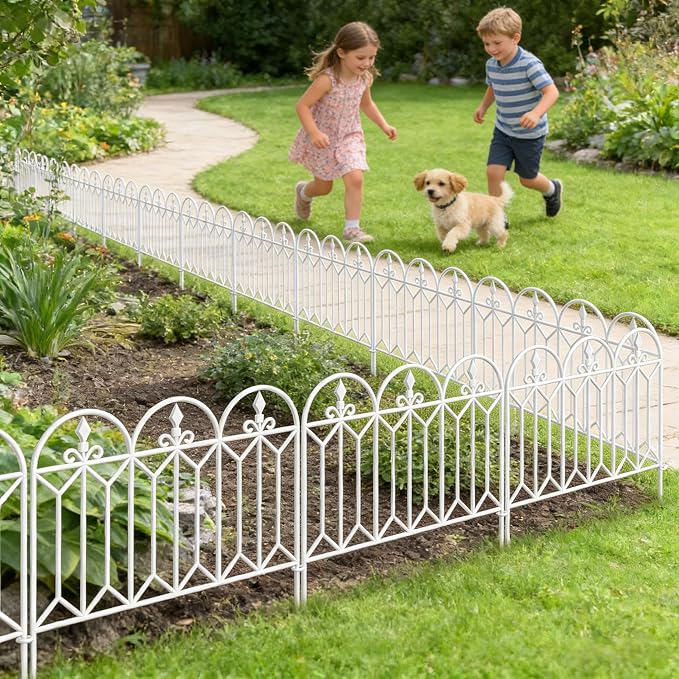 AMAGABELI 5 Panels 24in(H)×10ft(L) Decorative Garden Fences and Borders for Dogs No Dig Rustproof Metal Fence Panels Garden Edging Border Animal Barrier Fencing for Flower Beds Yard Patio Decor White