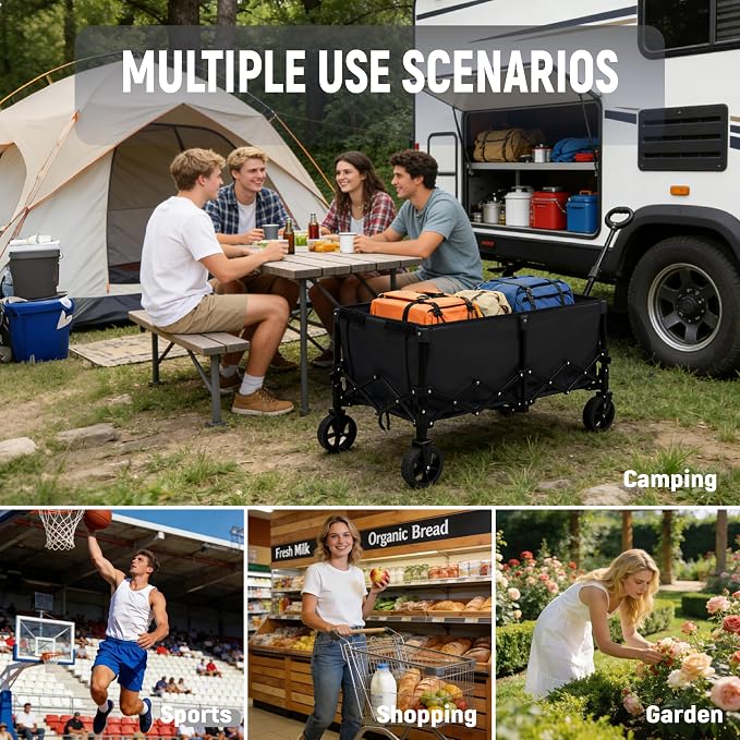 Collapsible Wagon Cart with Extendable Storage - 5.8cu.ft Capacity,300lbs Heavy Duty,Compact Foldable Wagon Cart for Grocery Shopping,Outdoor,Camping,Sport Events,Garden,Vendor Markets,Soccer Games