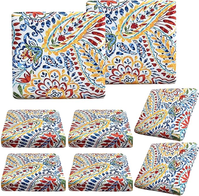 BBSET 8 Pcs Paisley Patio Sofa Cushion Cover Stretch Outdoor Sofa Seat Cushions Cover Indoor Replacement Couch Chair Slipcover Flexibility (Paisley)