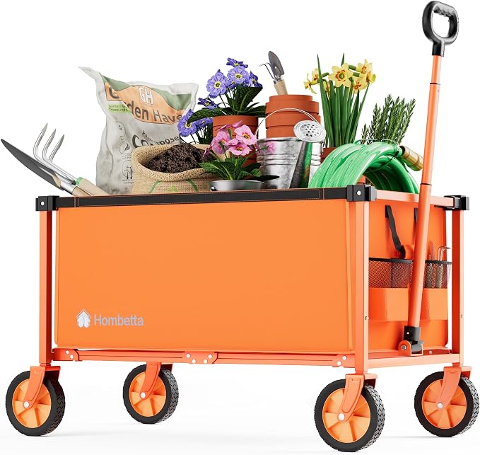 29.3" Collapsible Wagon Cart, 150L Heavy Duty Folding Utility Wagon with Wheels, 260 lbs Load, Portable Rolling Cart for Garden, Shopping, Sports, Camping, Orange