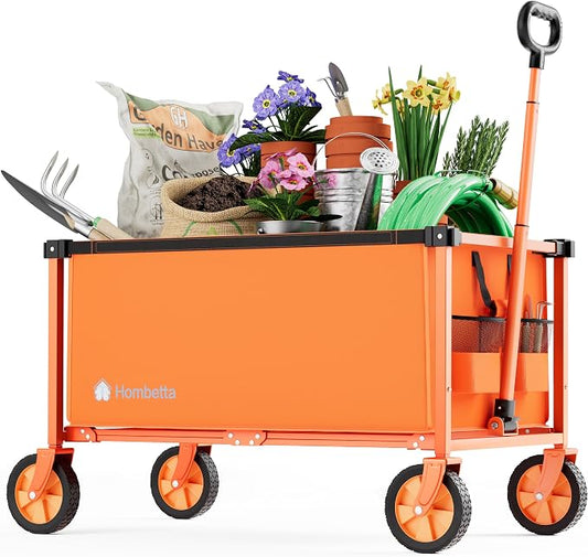 29.3" Collapsible Wagon Cart, 150L Heavy Duty Folding Utility Wagon with Wheels, 260 lbs Load, Portable Rolling Cart for Garden, Shopping, Sports, Camping, Orange