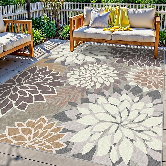 9x12 Outdoor Area Rug Washable Multicolored Patio Rug Tropical Botanical Floral Chenille Waterproof Outdoor Carpet Non-Slip for Deck, Backyard, Porch, Taupe