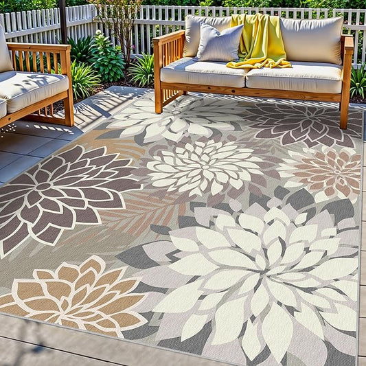 6x9 Outdoor Area Rug Washable Multicolored Patio Rug Tropical Botanical Floral Chenille Waterproof Outdoor Carpet Non-Slip for Patio, Deck, Backyard, Porch, Taupe