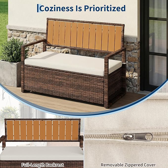 Outdoor Storage Bench with Cushion, 2-Seater PE Rattan Storage Box with Backrest & Armrests, 75 Gallon, 400 lbs Capacity Weatherproof Patio Bench for Garden, Balcony, Porch, Pool, Yard,Dark Brown