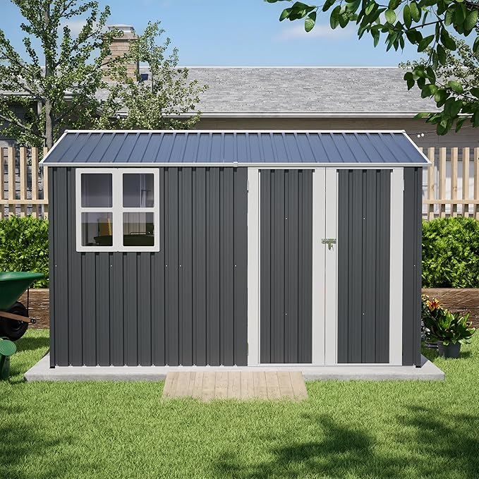 YOPTO 10X8 FT Outdoor Storage Shed,Metal Shed W/Window,Floor Frame & Lockable Swing Door,Garden Tool House W/ 4 Air Vents & Sloped Roof,for Backyard Patio Lawn,Gray