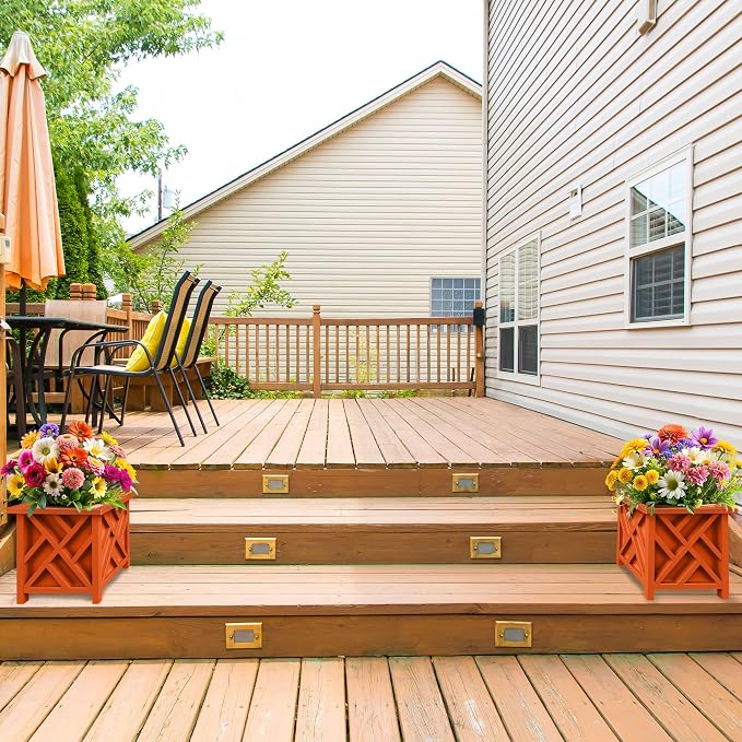 Lattice Design Outdoor Planter Box 2-Pack - 15.5” Square 16.5” Tall Terracotta Decorative Plant Pots for Front Porch Decor - Flower Pots Outdoor Planters for Porch Patio or Garden Decor by Pure Garden
