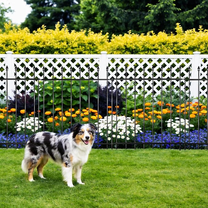 Decorative Metal Garden Fence，(10 Panels+ 11 Posts), Total Iength24 ft(W) x 32 in(H), High Metal Border Fence, Classic Roman Column Decoration, Garden and Lawn Landscape Fence, Black Animal Fence