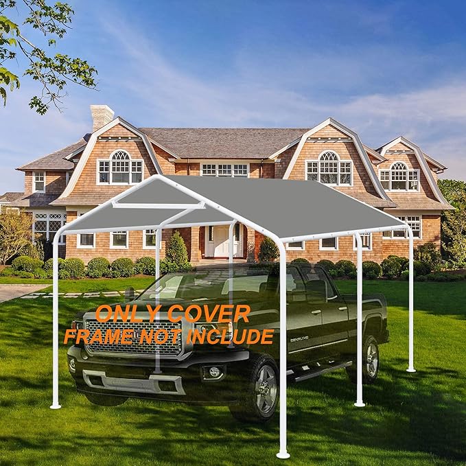 Thanaddo 10 x 20 Ft Carport Replacement Canopy Cover Garage Top Tent Shelter Tarp with Free 44 Ball Bungee Cords,Grey(Only Cover, Frame Not Include)
