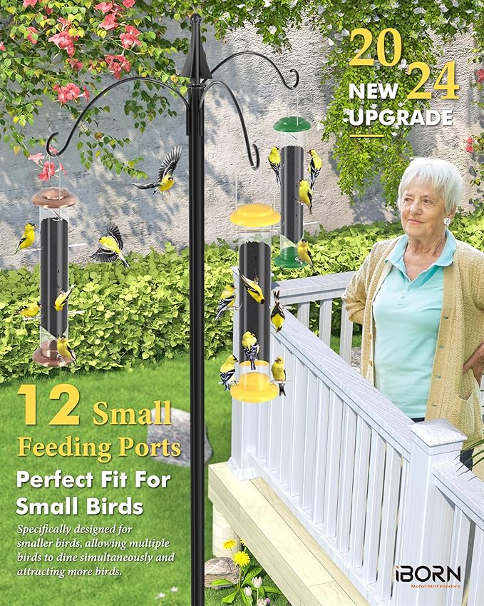 iBorn Finch Feeders for Outside,Nyjer/Thistle Bird Feeder,14 Inch Tube Bird Feeders for Outdoors Hanging,Metal Finch Feeders for Thistle Seed with 12 Small Ports,8 Metal Perches,Yellow,Pack of 1