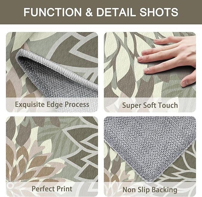 2x6 Washable Runner Rug for Hallway Tropical Botanical Modern Floral Chenille Kitchen Rugs Low Pile Non Slip Carpet for Patio, Bedroom, Laundry, Taupe