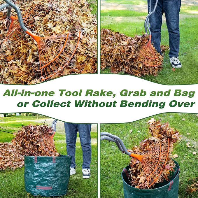Walensee Metal Rake for Leaves, Heavy Duty Leaf Picker Upper, Leaf Scoops Hand Rake, Leaf Grabber with Long Handle, Multi-Use Garden Leaf Claw for Lawn & Yard Work