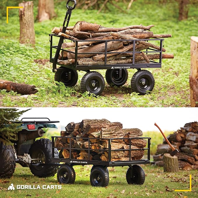Gorilla Carts Steel Utility Cart, 9 Cu Ft Bed, 1200 lb Load Capacity, Black – Towable Heavy-Duty Outdoor Hauling Wagon with Removable Side Panels for Yard, Lawn, Garden or Landscaping