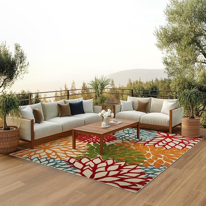 Nourison Home Aloha Indoor/Outdoor Green 9' x 12' Area Rug, Tropical, Botanical, Easy Cleaning, Non Shedding, Bed Room, Living Room, Dining Room, Deck, Backyard, Patio (9x12)