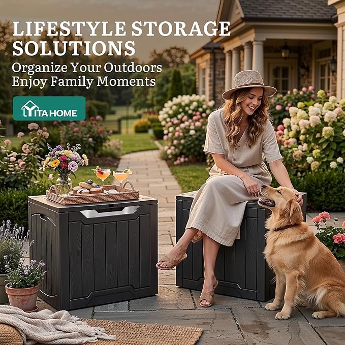 YITAHOME 31 Gallon Deck Boxes Set of 2, Lockable Outdoor Storage Bins with Silver Decorative PVC Trim Panels for Patio Cushions, Garden Tools, Weather-Resistant Resin Storage Solution, Black & Silver