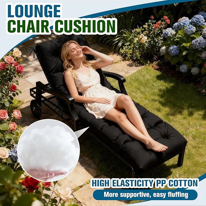 MTMR Chaise Lounge Cushion Outdoor, Non-Slip Chair Cushion for Patio Furniture, Waterproof Outdoor Replacement Seat Pad for Pool Lawn Wicker Couch Bench Loveseat, Long Thick Lounge Cushion, Black