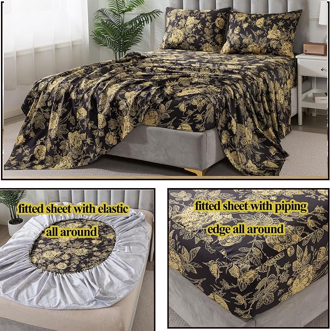 FADFAY Rose Sheets Set King Vintage Black Gold Floral Bedding Shabby Peony Botanical Sheets Luxury Farmhouse Bedding 800 Thread Count 100% Egyptian Cotton Deep Pocket Fitted Sheet 4Pcs, King Size