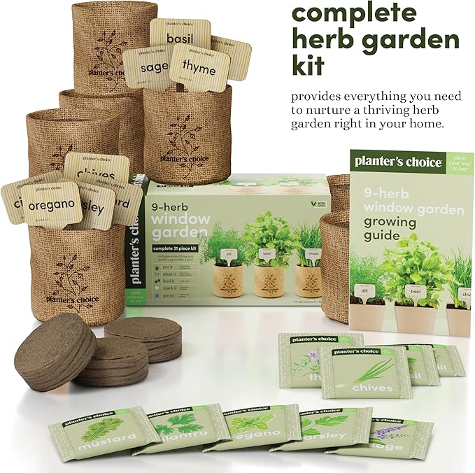 Planters' Choice 9 Herb Indoor Window Garden Kit - House Plants Seeds - Best Unique Gift Ideas for Women, Mom, Friend, Her, Birthday, Housewarming, Mother - New Home Kitchen Gifts